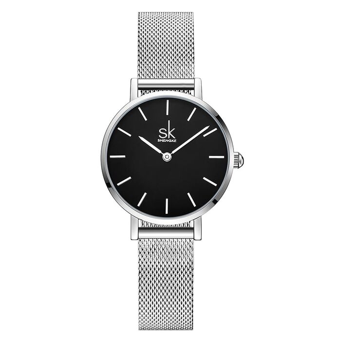 SK Ультратонкі мініатюрні жіночі годинники з двома стрілками. Елегантні годинники для жінок з шкіряним ремінцем (срібляста сітка)