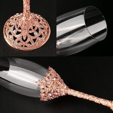 Кельхі для шампанського - кельхі з кришталевого скла з металевою основою та кристалами, набір для нареченого та нареченої, весілля, день народження, банкет та подарунок, 2 шт. (Рожеве золото)