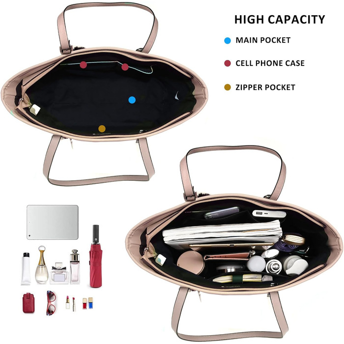 Сумка жіноча TANTOMI з гаманцем, велика, для офісу, школи, шопінгу, рожева з китицею та помпоном з штучного хутра