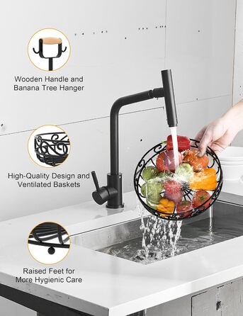 Двоярусний кошик для фруктів Couwilson з підвіскою для бананів та дерев'яною ручкою - органайзер для фруктів, овочів, хліба, цибулі, картоплі (Чорний)