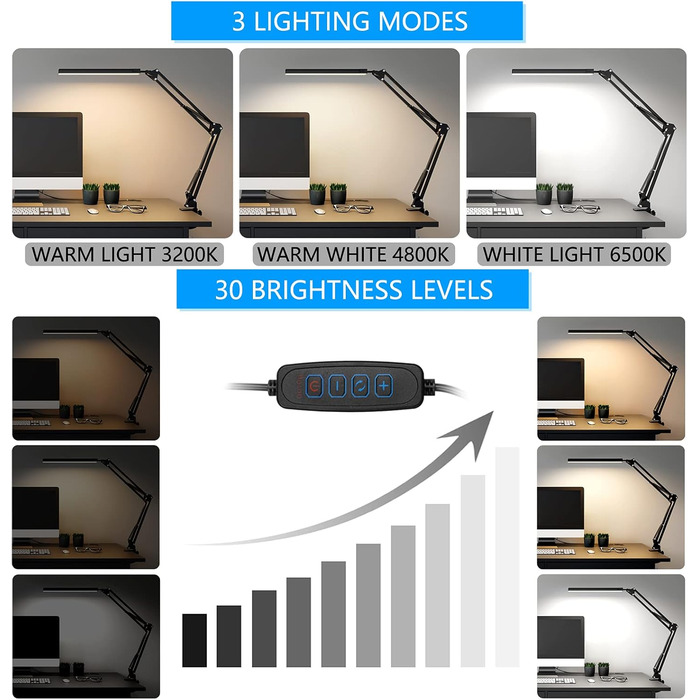 SKYLEO Dimmable Desk Lamp with Clip - Eye Protection LED Desk Light - 3 Modes & 10 Brightness Levels - Black