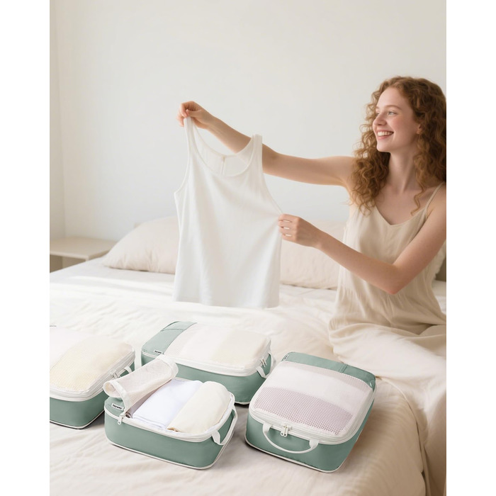 Набір органайзерів для валізи Narwey (6 шт.) - кубики для пакування з компресією, бежевий. Організація подорожей та зручне пакування речей.