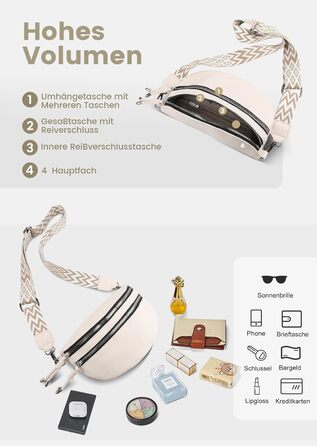 Жіноча сумка через плече FerLord з широким ременем, поясна сумка (бананка) з 3 відділеннями, стильна сумка-мішечок з PU шкіри, бежевий колір