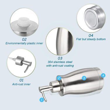 Дозатор для мила ARKTEK з нержавіючої сталі, 400 мл, 2 помпи, щітка, багаторазовий, для мила, шампуню, гелю для душу, миючого засобу, кухня, ванна кімната