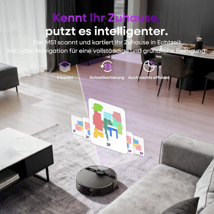 Робот-пилосос MONSGA з функцією миття, потужність 5000Pa, час роботи 180 хв, система захисту від спутання, навігація LiDAR, для килима, шерсті тварин, керування через додаток та пульт (чорний)