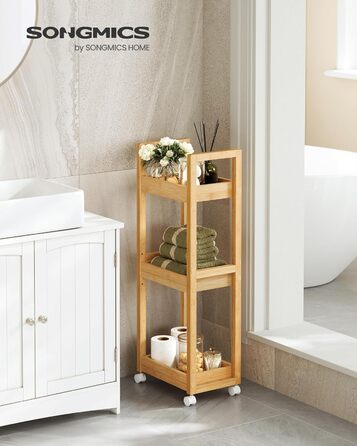 SONGMICS Rolling Cart, Bathroom Shelf, 3-Tier Bathroom Organizer, Bamboo Nook Shelf, Narrow Shelf, Rolling Utility Cart, Space-Saving, 20 x 30 x 80 cm, White BCB083W01 (Natural Beige)