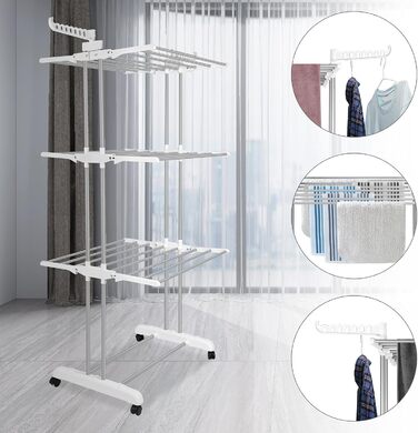 Foldable stainless steel clothes rack with wheels, portable, for indoor and outdoor use, white/gray
