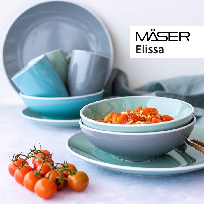 MÄSER 931844 Elissa Series Modern Dinnerware Set for 6 People in Blue with White Rim, 24-Piece Combination Service, Stoneware