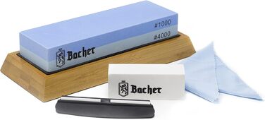 Преміум точильний камінь Bacher Schleifstein. Двостороння точилка з зернистістю 400/1000 для ножів. З антиковзким бамбуковим блоком, інструкцією та допоміжним інструментом.