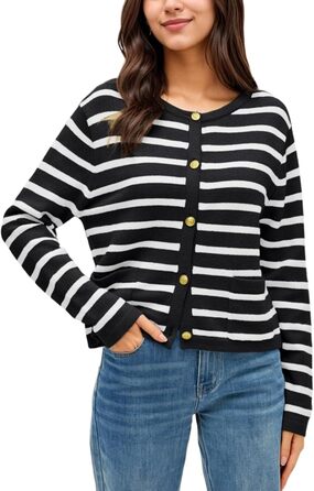 Жіноча коротка в'язана куртка з двома кишенями на ґудзиках, смугастий пуловер, стильна осіння кардиган, круглий виріз, модна в'язана кофта XL чорного кольору