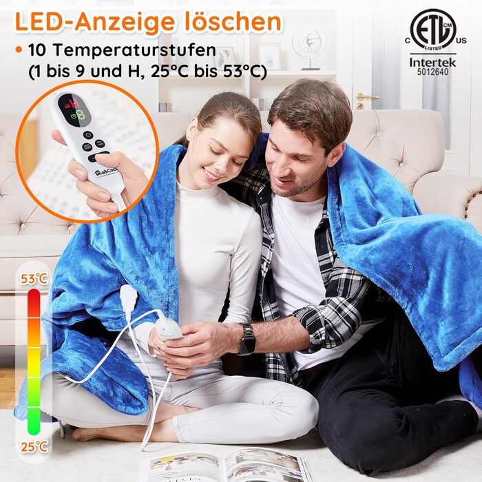 Електрична ковдра Mia&Coco з автовимкненням, 10 режимів нагріву, таймер до 9 годин, захист від перегріву, фланель, 200x180 см, блакитна