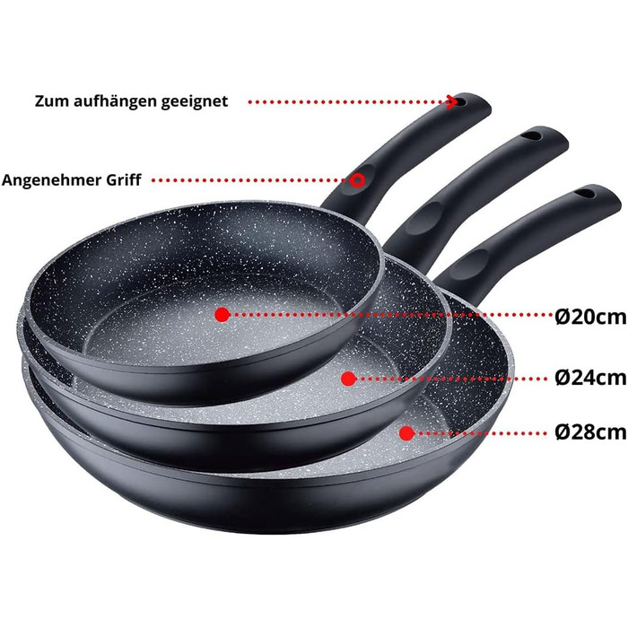 Набір сковорідок 3er – 20см, 24см, 28см – антипригарне покриття, сковорода для смаження – індукційне дно & PFOA-free – чорний гранітний дизайн