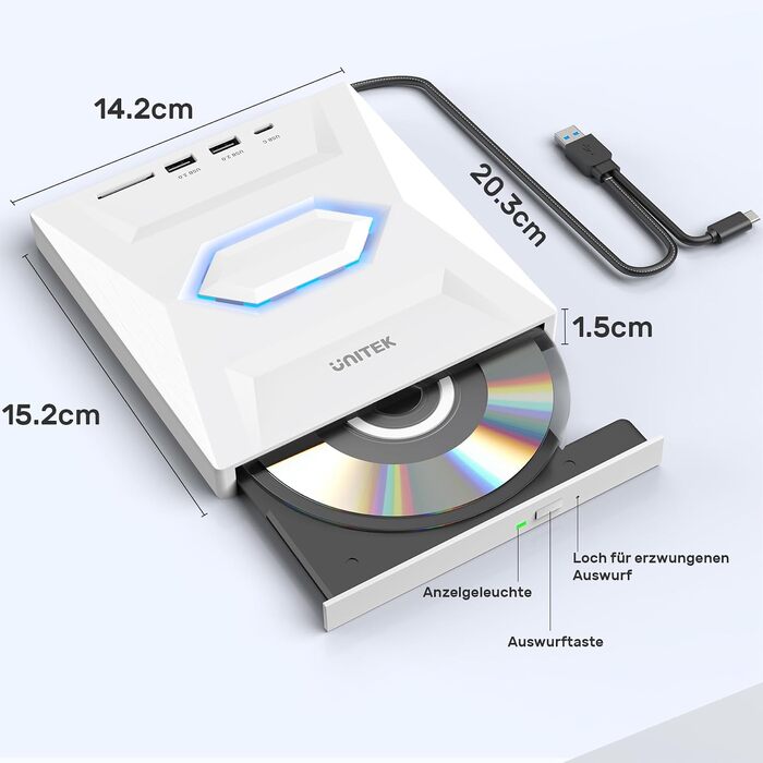 Зовнішній USB-C CD/DVD-привід UNITEK з картридером SD, USB 3.0 хабом та записом CD-ROM, білий — для ноутбуків, ПК (Windows, Linux, macOS)