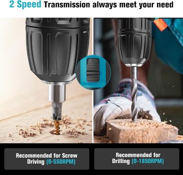 Акумуляторний шуруповерт LEEIKOO 21V з акумулятором 2.0Ah, 42N.m, 10мм патрон, 2 швидкості, 18+1 момент, 20шт аксесуарів, LED, сірий