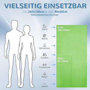 Набір з 3 рушників з мікрофібри - великий 200×100 см та 2 маленьких 80×40 см, швидковисихаючі спортивні рушники з мікрофібри, для подорожей, ванни, фітнесу та пляжу (зелений)