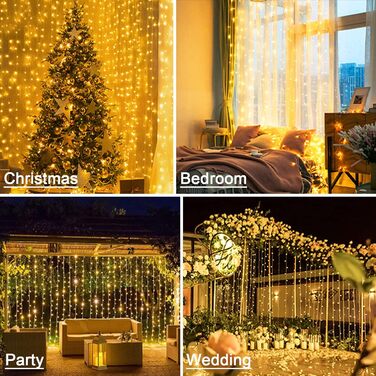 Лампочки-завіса 3x3м, 300 LED, USB, 8 режимів, пульт, IP65, тепле світло, для декору, свята, вечірки