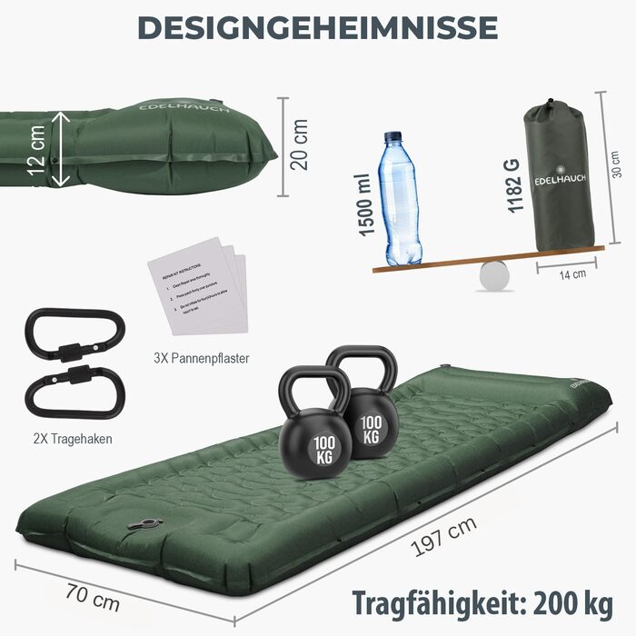 Isomatte Ultraleicht 12 см, складана з інтегрованим насосом та подушкою – килимок для кемпінгу, автомобільна матрац, повітряна матрац, зелений