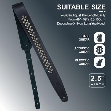 Гітарний ремінь Nefelibata з повном'якої шкіри, з м'якою підкладкою, з срібними заклепками, для електро-, акустичної та бас-гітари (2,5' шириною, карбоновий чорний) (Квадратні діаманти)