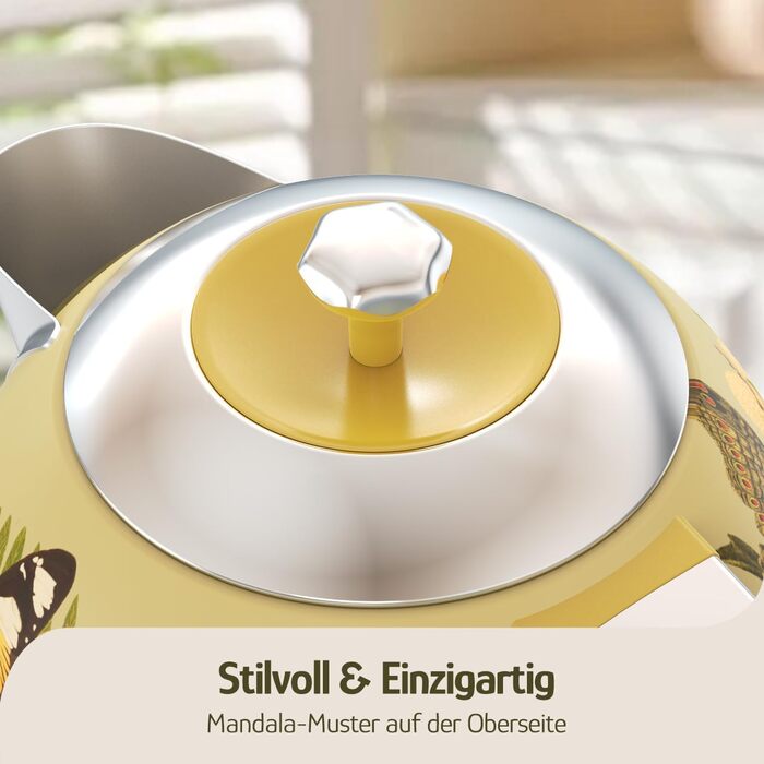 Електричний чайник Hazel Quinn Schneller 1.7л, 2200W, нержавіюча сталь 304, швидкий кип'ятіння, автоматичне вимкнення, захист від сухого кип'ятіння, вінтажний дизайн, BPA-free, перловий білий (жовтий з квітковим візерунком)