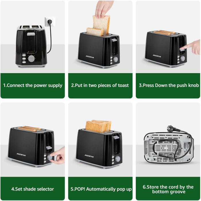 Тостер Aigostar 750W з 7 рівнями підсмажування, функціями розморожування та підігріву, 2 слоти для тостів, чорний