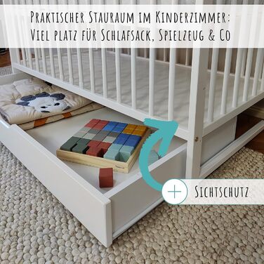 Kids Collective Baby Bed with Drawer, Toddler Bed, Crib, 60x120 cm, Adjustable Height & Removable Slats, Optional with Mattress | White, Very Stable, Made in Europe, 124L x 65W x 87H cm, White with Drawer