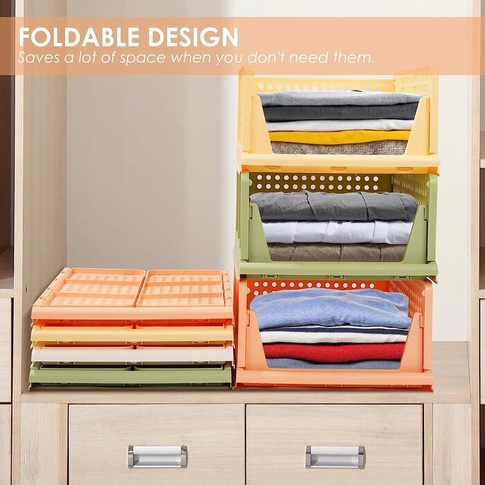 4 Pack Stackable Folding Closet Storage Box Organizer (Easy Open and Fold), Plastic Closet Shelves Storage Box Organizer, Bedroom, Kitchen (Multicolor)