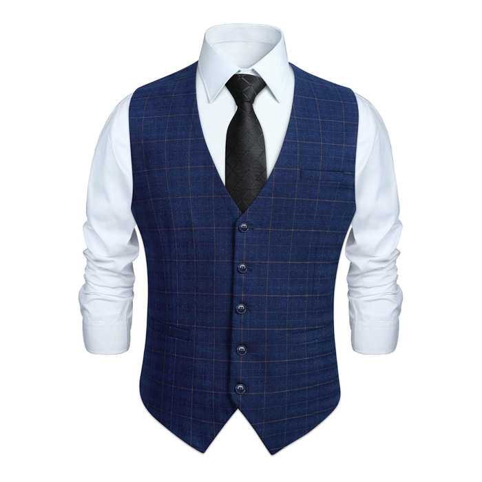 Жилет для чоловіків HISDERN з візерунком у клітинку, блакитний, бавовна | Формальний костюмний жилет