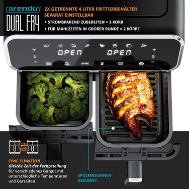 Арендо - Фритюрниця повітряна подвійна з 2 камерами, XXL об'єм, 2700 Вт, Airfryer, нержавіюча сталь, сенсорний дисплей, 3D циркуляція повітря, антипригарне покриття, без PFAS