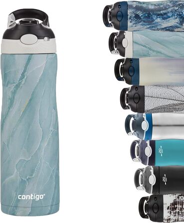Contigo Ashland Chill Autospout Water Bottle with Straw, Stainless Steel Water Bottle, Leak-Proof, Insulated Bottle for Sports, Biking, Hiking, 590 ml, (Amazonite)