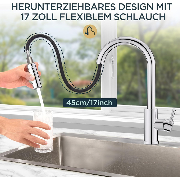 Змішувач кухонний FORIOUS чорного кольору з високим виливом та висувною лійкою, поворотний на 360°, полірований хром