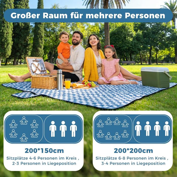 Плед для пікніка Oak & Tea 200x200 см, водонепроникний, ізолюючий, XXL, складний килимок для пляжу та кемпінгу, з міцного Оксфорду (джинсово-синій)