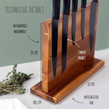 Personalized Magnetic Knife Block from Acacia Wood - Without Knives - 32 x 25 x 10.5 cm - Stable Base - Individual Design - Gift for Birthday, Mother's Day, Housewarming - Wooden Knife Holder (Secret Ingredient)