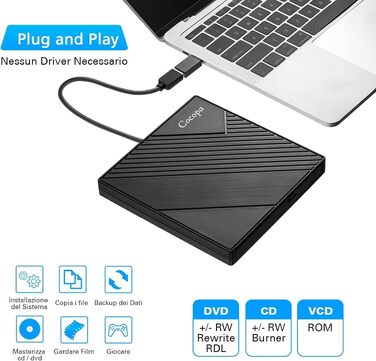 Зовнішній USB 3.0 CD/DVD-привід Cocopa Masterizzatore: портативний Ultra Slim DVD-RW/CD-RW плеєр для ноутбука та ПК (Windows, macOS, Linux)