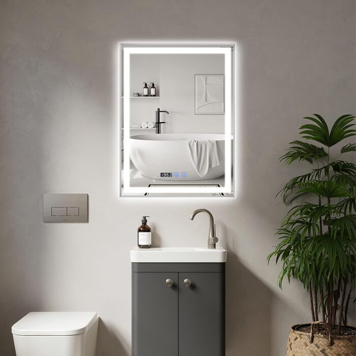 Дзеркало для ванної кімнати YU YUSING з підсвічуванням 60x80 см, антизапітніння, 3 кольори світла, регулювання яскравості, LED, годинник, IP44, металевий каркас, вертикальне, срібне