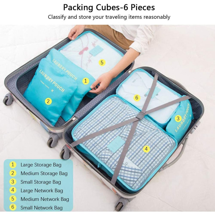 Органайзер для валізи Vicloon 8-в-1: комплект для подорожей, водонепроникні сумки для одягу, взуття та косметики (світло-блакитний)