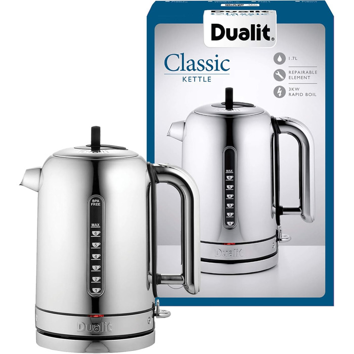 Електричний чайник Dualit Classic з нержавіючої сталі, 1.7л, 3kW, з фільтром для води, чорний