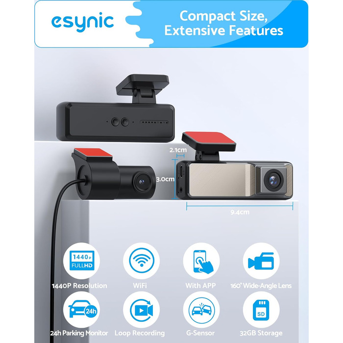 eSynic Mini Dashcam: Автомобільний відеореєстратор з Wi-Fi, 1080P Full HD, 160° Кут огляду, Нічне бачення, G-сенсор, Паркувальний режим, Керування через додаток, 32GB SD-карта в комплекті (Дві камери - передня та задня)