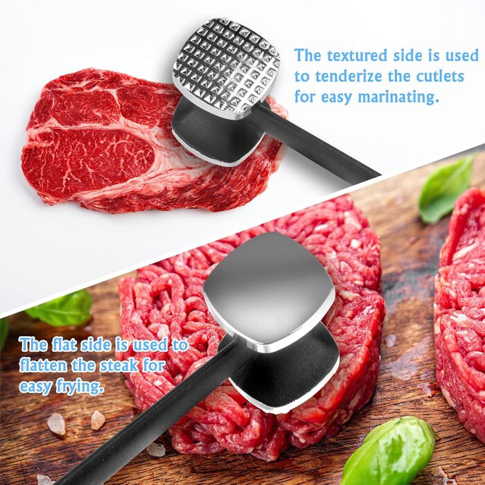 Топчик для відбивання м'яса Deepton з цинкової сплави, 24 см, двосторонній, з неслизькою ручкою, срібного кольору. Ідеально для відбивання шніцелів, яловичини, курки.