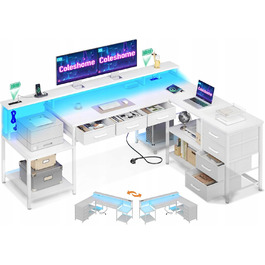 Кутовий ігровий стіл L-подібний, білий, з 7 шухлядами та LED-підсвіткою