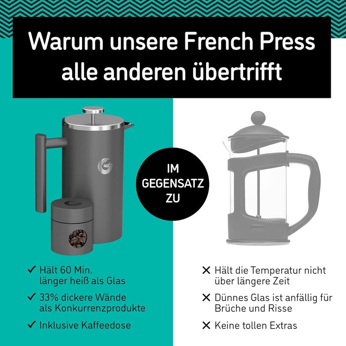 Coffee Gator French Press Coffee Maker - Stainless Steel Thermo Coffee Pot for Longer Hot Coffee - 1 Liter – Grey - Includes Travel Coffee Canister