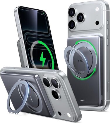 Power Bank TORRAS MiniMag Ultra Slim з MagSafe, 360° підставка, 18W, 5000mAh, магнітне кріплення, сірий титан. Сумісний з iPhone 17 Pro Max/Air/16/15/14/13/12
