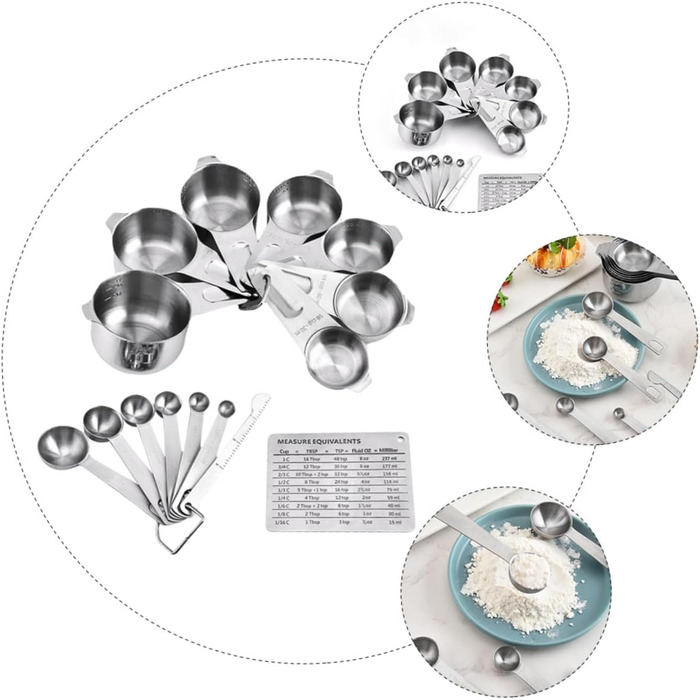 15 Measuring Spoon Conversion Table Kitchen Gadgets Bowls Measuring Cups for Baking Measuring Cup Set Portable Rice Spoon Kitchenware Stainless Steel Silver
