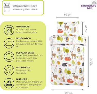 Дитяча постільна білизна Bloomsbury Mill 135x200: комплект для дівчинки з принцесами та веселкою, рожево-ліловий, комплект постільної білизни та наволочок для ліжечка (120x150 см, лісові тварини)