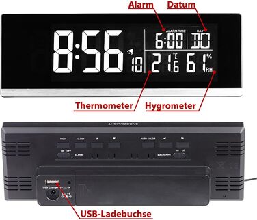Infactory Table Clock with Thermometer: Table Radio Alarm Clock with Thermometer, Hygrometer, and USB Charging Port, 2A (Table Radio Clock, Digital Table Clock, Apple iPhone Charging Cable)