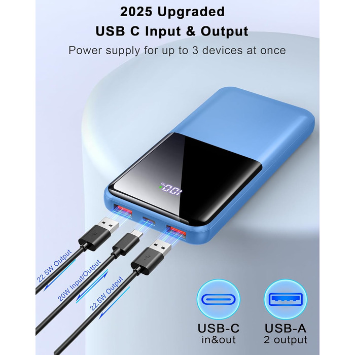 Power Bank 10000mAh, 22.5W, PD USB-C, для iPhone, Samsung та інших, чорний/синьо-чорний