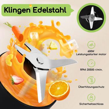 Блендер Aigostar для смузі, Mini Standmixer, 600W, 2 пляшки 800мл з кришкою, 2 швидкості + імпульсний режим, подрібнення льоду, пляшка Tritan, без BPA. Baron