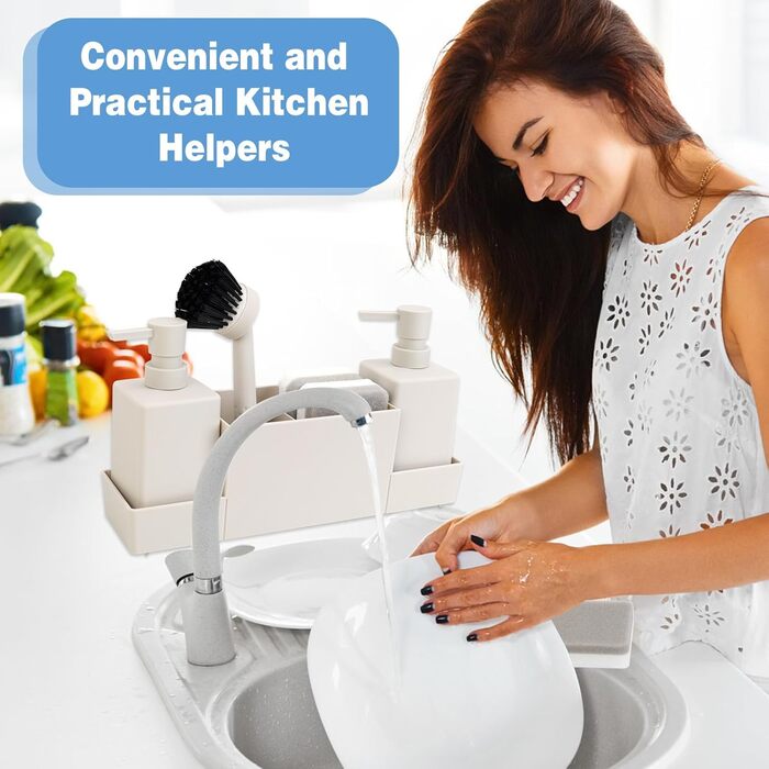CAUTIOUS 350ML Sink Organizer with Brush, Soap Dispenser Sponge Kitchen Dish Soap Dispenser Set Made of Plastic, Sink Organizer with Two Soap Dispensers, Kitchen Gadget Organizer (white)