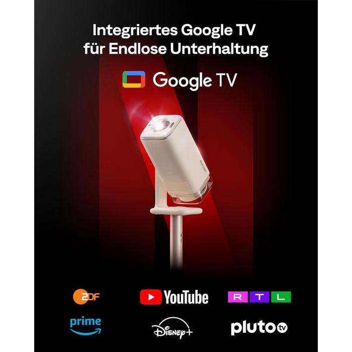 Smart проєктор Aurzen Boom Air Mini Beamer з Google TV та Netflix, 4K, USB-C, Dolby Audio, WiFi, Bluetooth, TOF автофокус, обертовий стійкий, кремовий