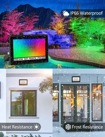 LED Floodlights Outdoor, 100W Smart RGB Floodlights with Remote Control and Bluetooth App, LED Floodlight Spotlights Color Changing Floodlights, IP66 Waterproof Floodlights for Gardens, Courtyards (2 Pack) (30w-rgb-app-4p)