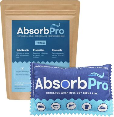 Absorb Pro Rechargeable Moisture Absorber Bags, 10 Pack, 100g, Reusable Moisture Absorbers, Silica Gel Packets for Trash Cans, Gym Bags, Gun Safes, Food Storage